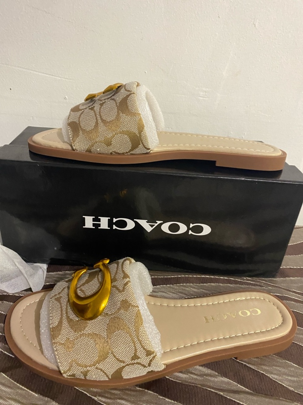 Coach Tan & Cream Signature Slide Sandals with Gold Hardware - Picture 4 of 4